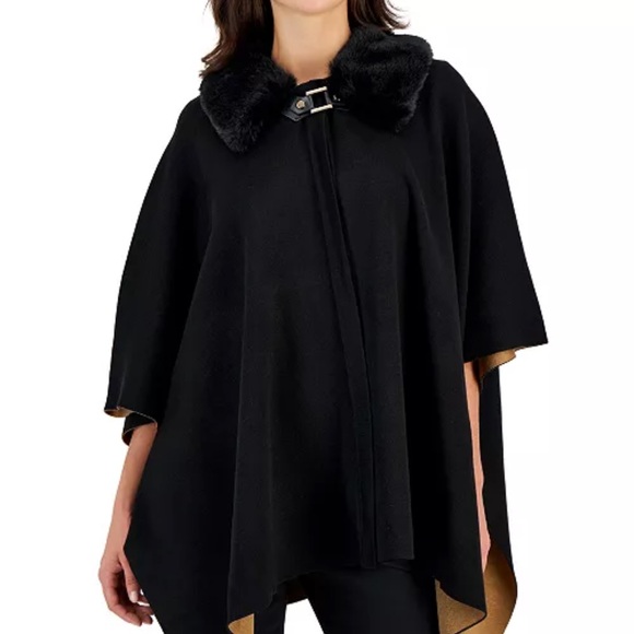 Anne KleinWomen's Faux-Fur-Trimmed Buckle-Front Cape L/XL - Picture 9 of 9